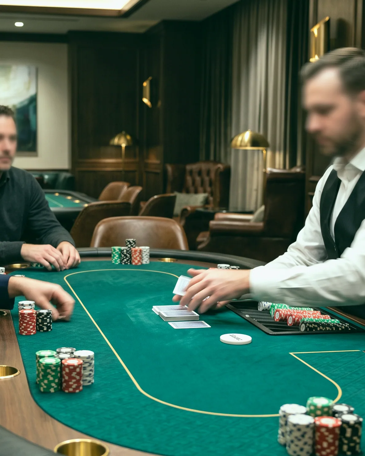 Close view of a card table at Silver Wattles, chips stacked beside a well-worn deck
