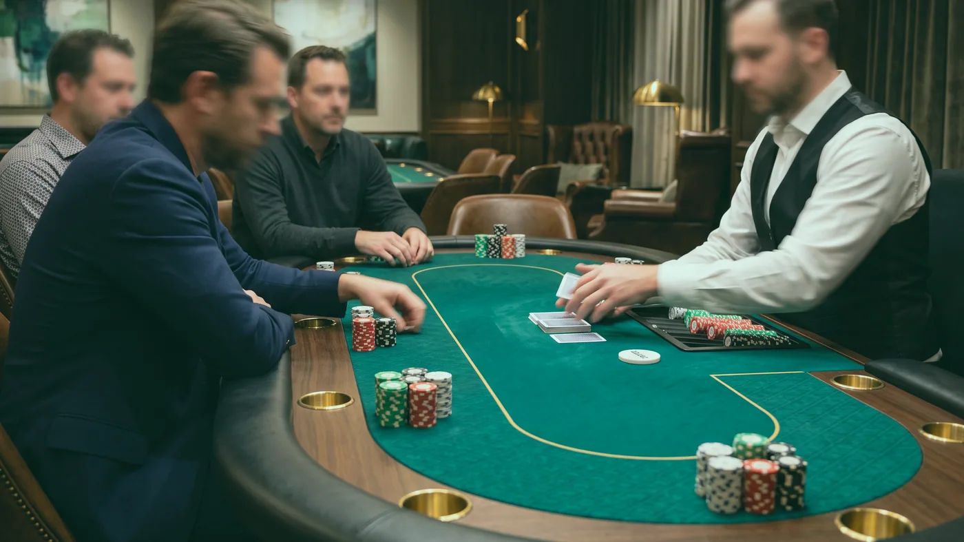 Close view of a card table at Silver Wattles, chips stacked beside a well-worn deck